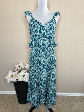 Chelsea28 Annie Floral Print Ruffle Midi Dress - Blue Teal - Size M